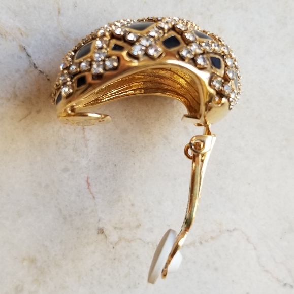 NWT St. John blk. epoxy, rhinestones, gold clip earrings. - Picture 7 of 10